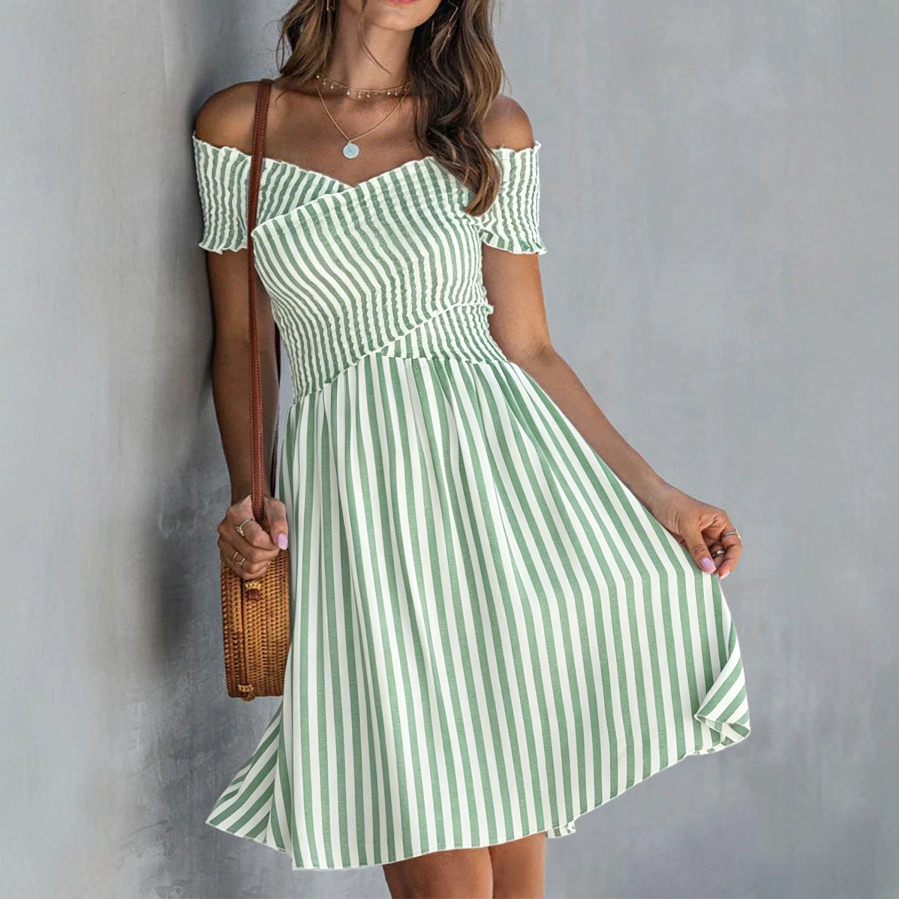 Off-the-shoulder Striped Waist-cinching Dress European And American Style