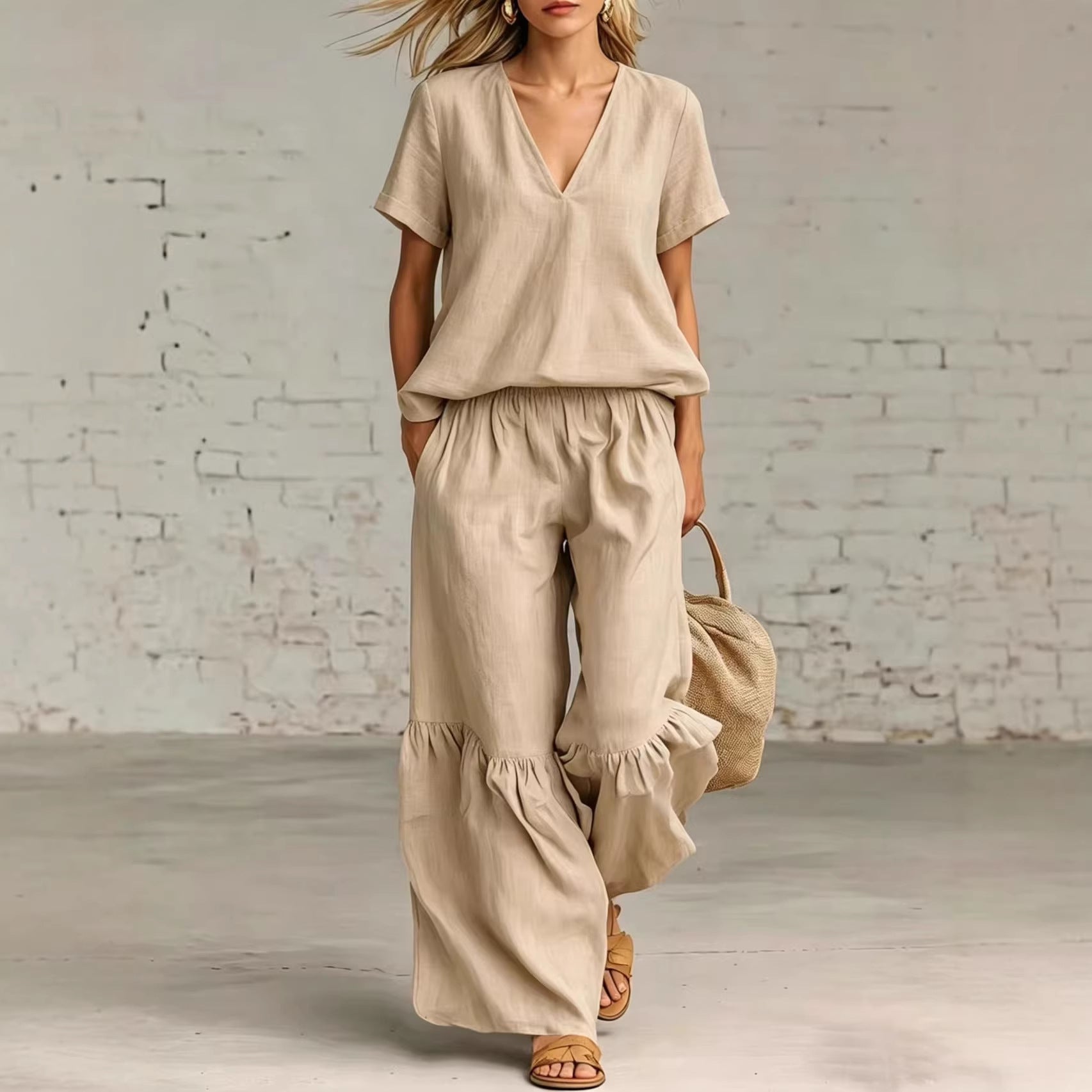 Womens Casual Solid Color V-Neck Loose Short-Sleeve Pants Set