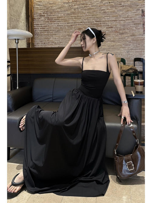 Elegant Black Slip Dress Womens Summer French Style