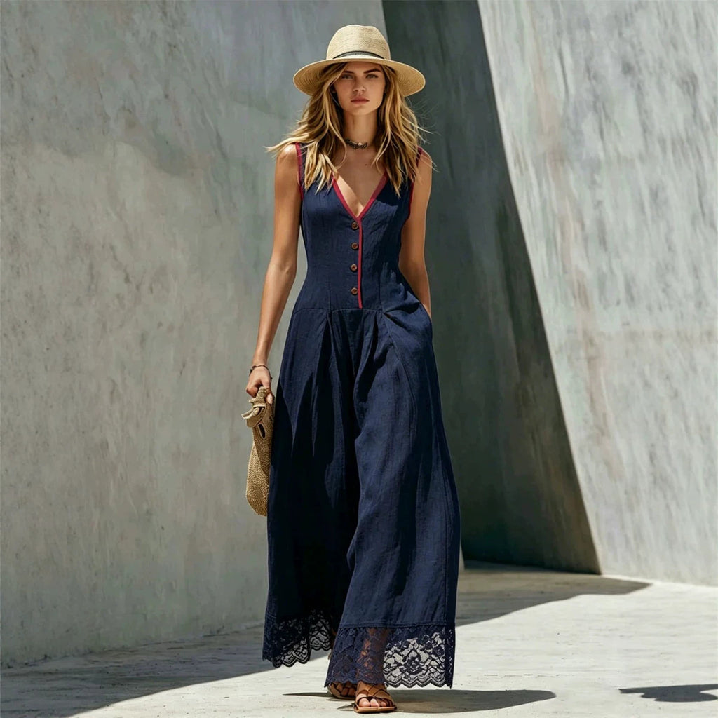 Womens Solid-Colored Jumpsuit With Spliced Lace And Pockets Long Pants