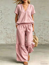 Womens Casual Solid Color V-Neck Loose Short-Sleeve Pants Set