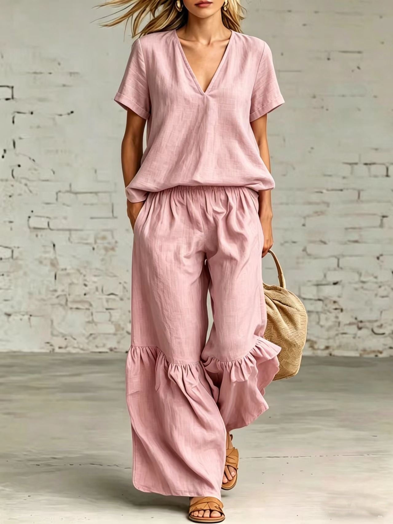 Womens Casual Solid Color V-Neck Loose Short-Sleeve Pants Set