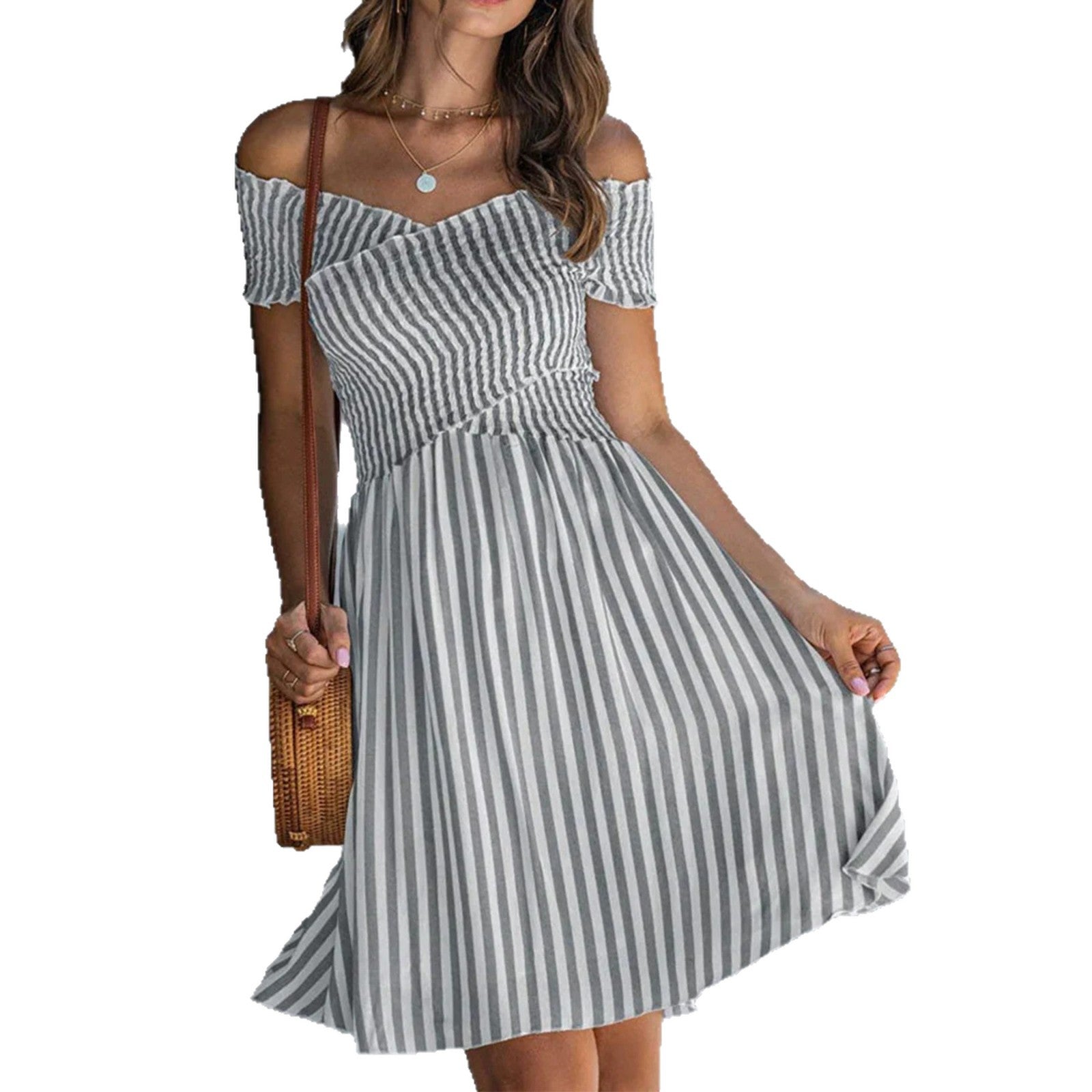Off-the-shoulder Striped Waist-cinching Dress European And American Style