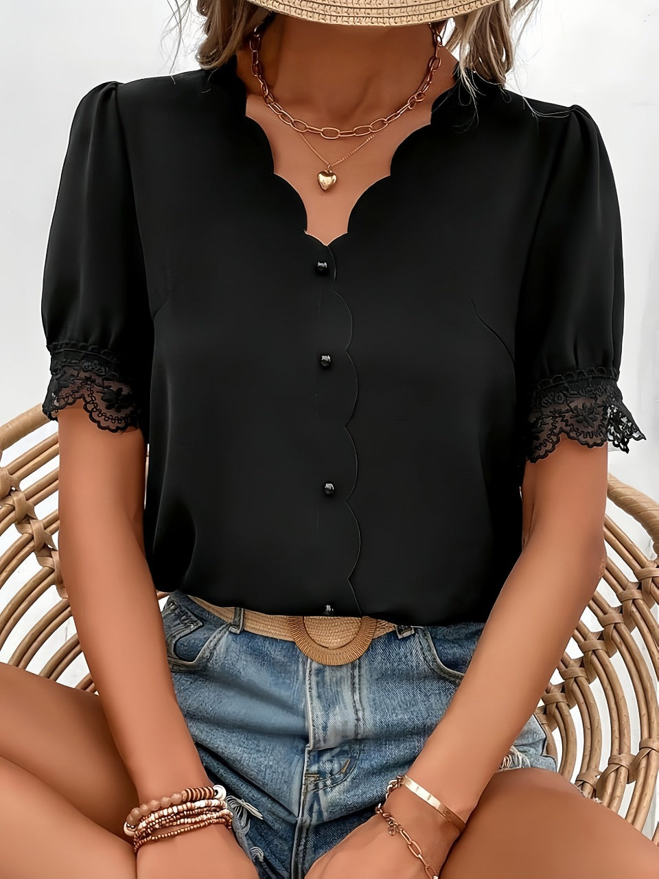 Minimalist Short-Sleeve Solid-Color Top With Notched Hem And V-Neck