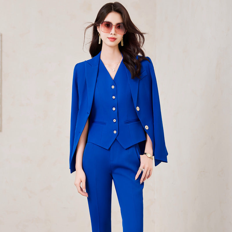 Elegant Navy Blue Double-Buckle Blazer For Women