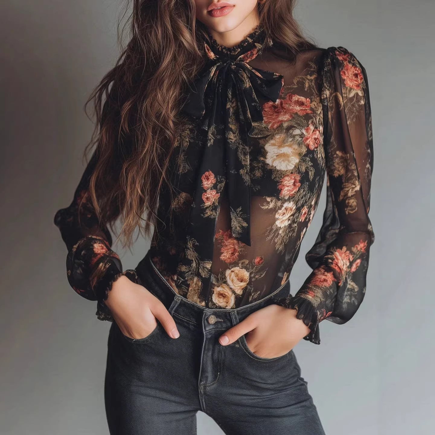 Women's Sheer Floral Print Collar Shirt