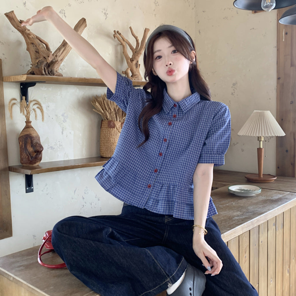 French-style Sweet Ruffle-trimmed Blue Plaid Short-sleeve Shirt