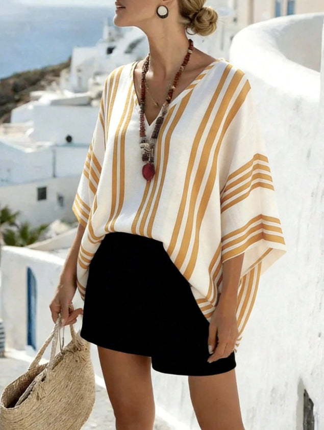 Loose-fit Batwing Sleeve Striped Top T-shirt