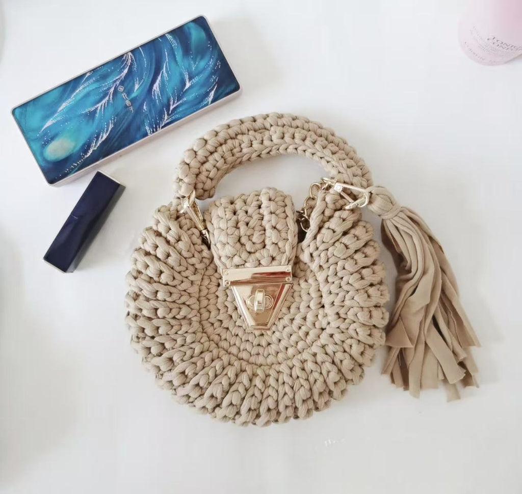 Bohemian Womens Solid-Colored Fabric-Strap Crochet Bag