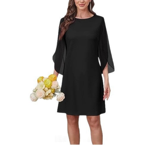 Womens Solid-Colored Crew-Neck Cloak-Sleeve Dress