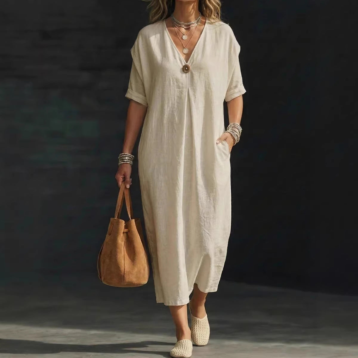 Women's V-neck Single-button Short-sleeve Dress