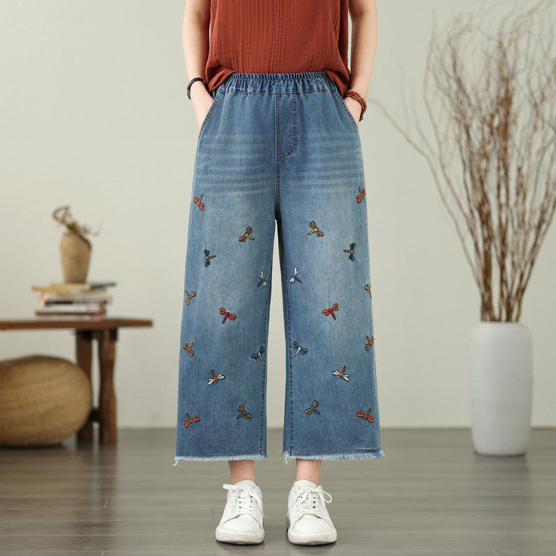 Embroidered Butterfly Loose Denim Jeans Women's