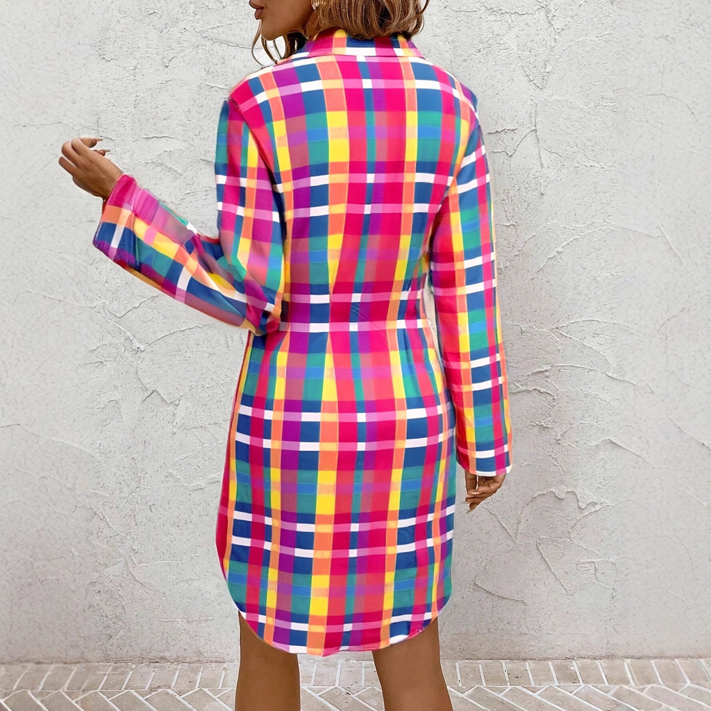 Fashionable Colorful Plaid Printed Shirt Dress
