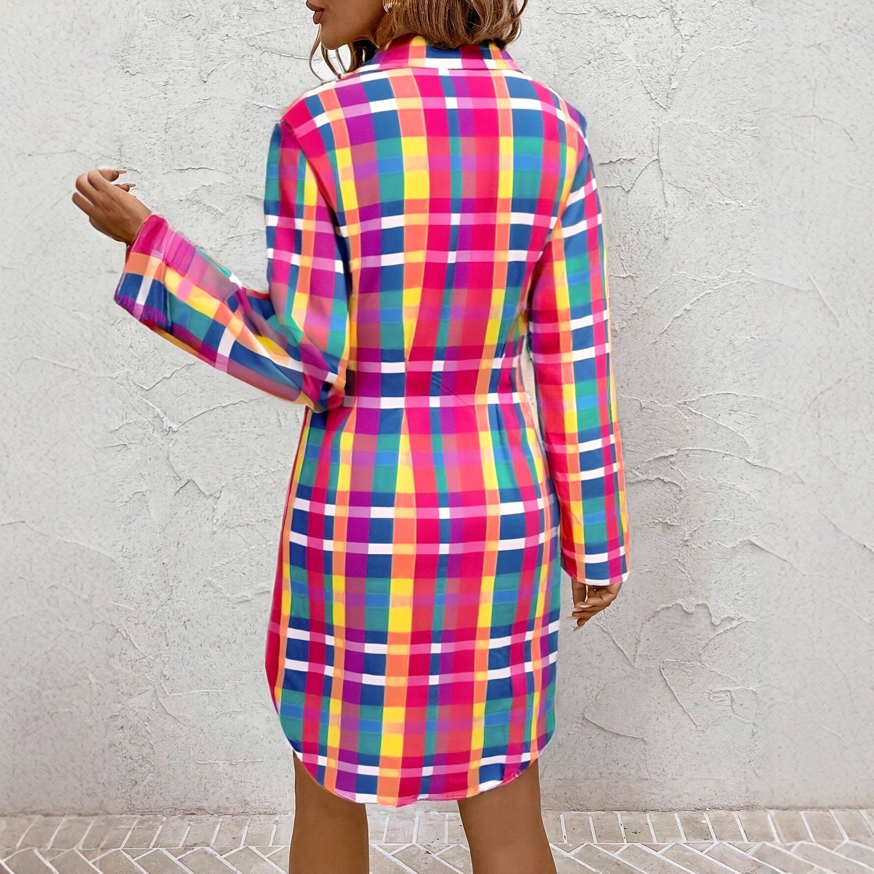 Fashionable Colorful Plaid Printed Shirt Dress