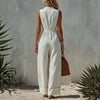 Womens Sleeveless Casual Loose Cotton-Linen Wide-Leg Jumpsuit