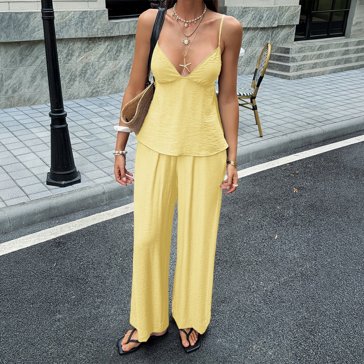 SpringSummer Resort-Style Camisole T-shirt And Pants Womens Outfit Set