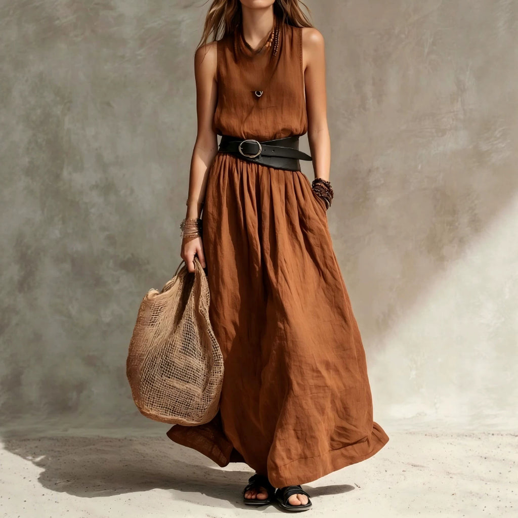 Turn-down Collar Long Sleeveless Dress