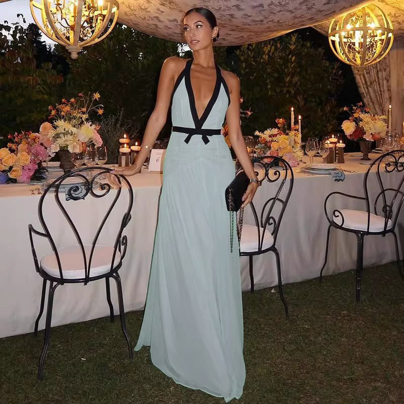 Light Green Celebrity-style Halterneck Deep V-neck Wrap Bustier With Cutout Back