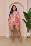 Printed Long-Sleeve Shorts Casual Set For Women