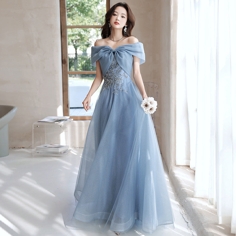 Off-shoulder Blue Evening Gown Womens Elegant French-style For Banquets