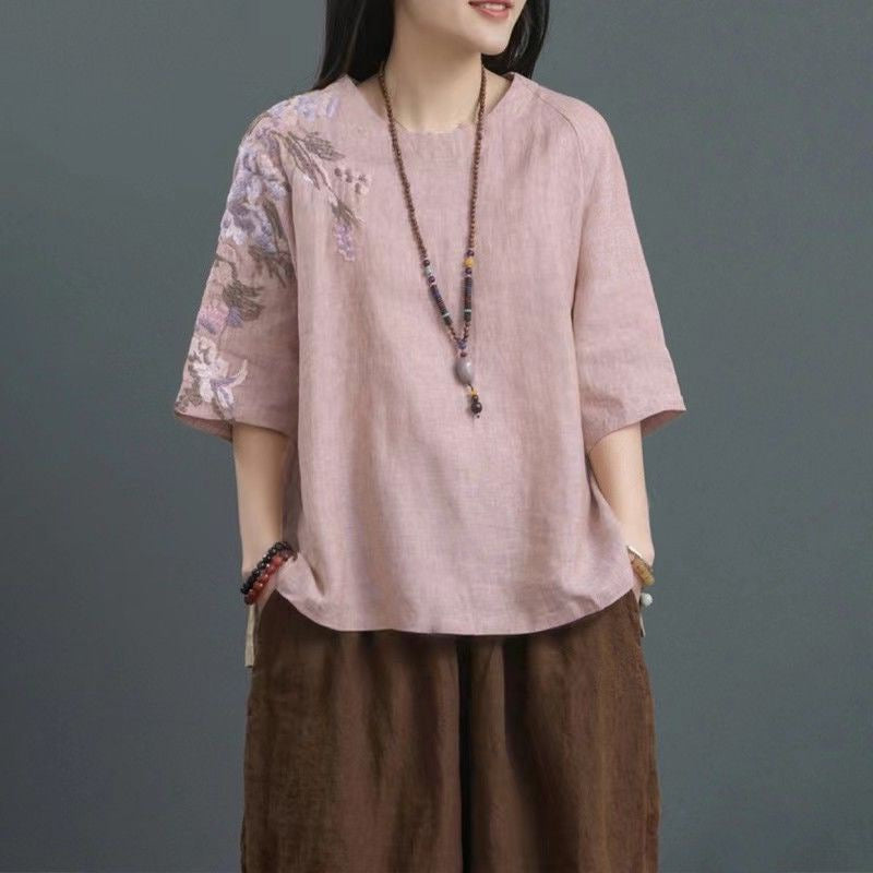 Summer Ethnic Style Embroidered Plus-Size Loose Fit Artistic Vintage Chinese Style T-Shirt