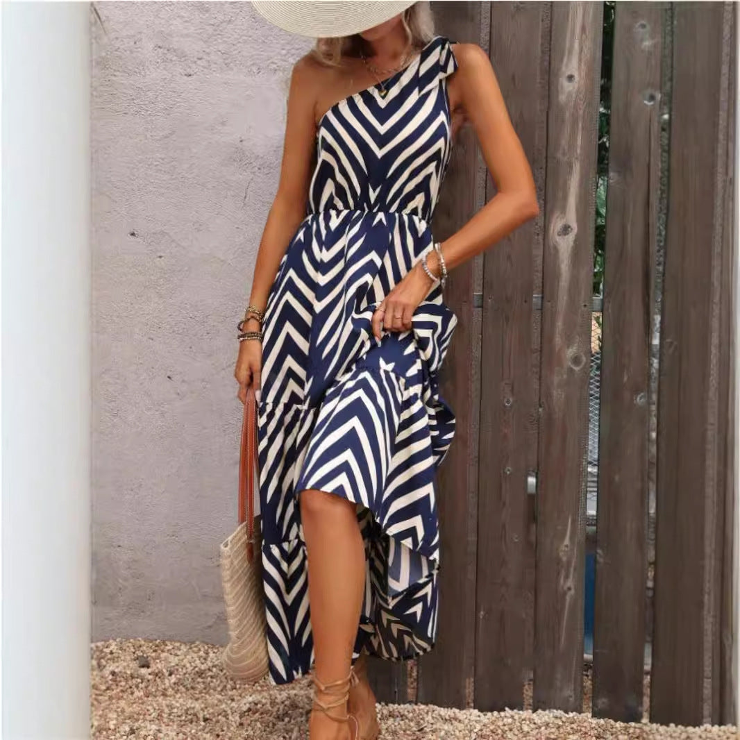 Printed Off-Shoulder Lace-Up Bohemian Dress
