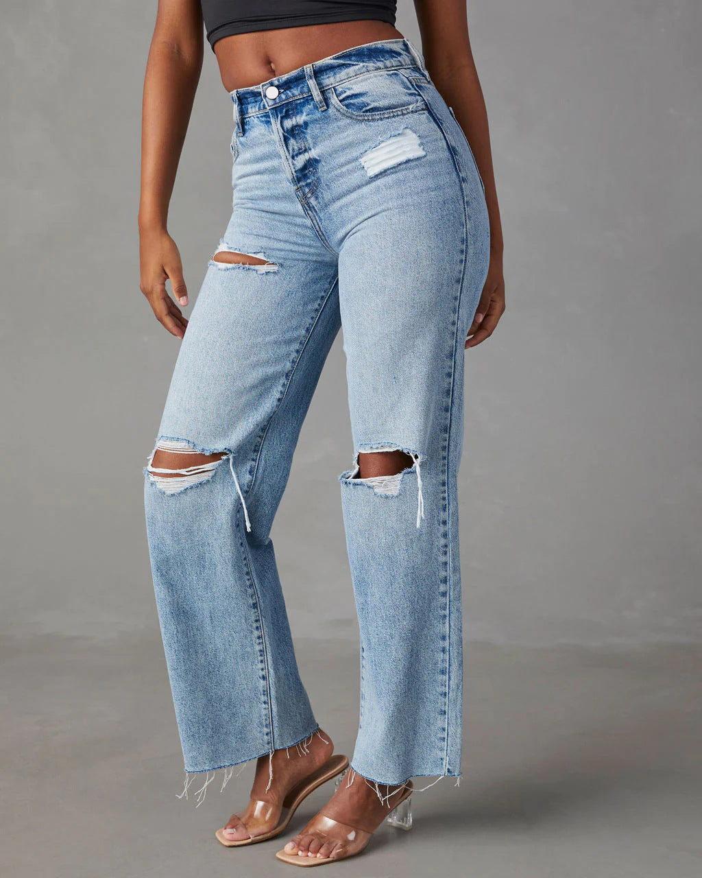 Ripped, Raw-Hem Denim Jeans Casual Washed Womens Straight-Leg Pants