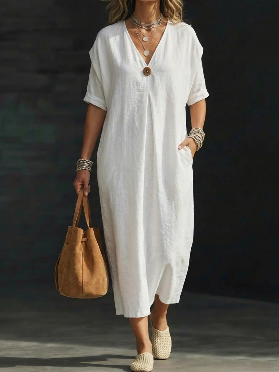 Women's V-neck Single-button Short-sleeve Dress
