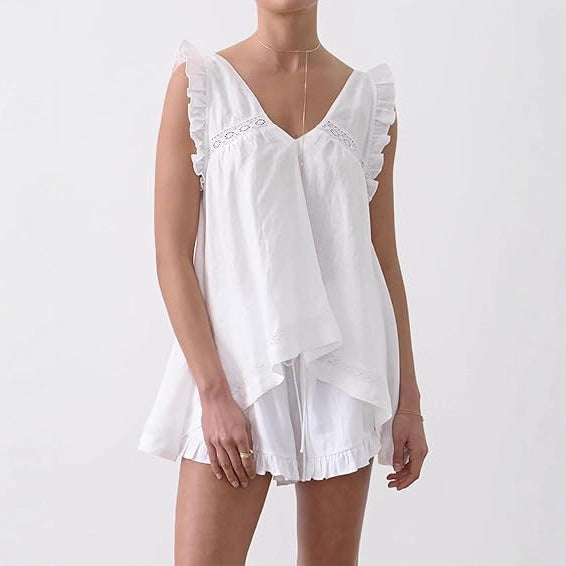 French-style Instagram Inspired New Sleeveless Hollow Out Backless Ruffled V Neck Pajama Set