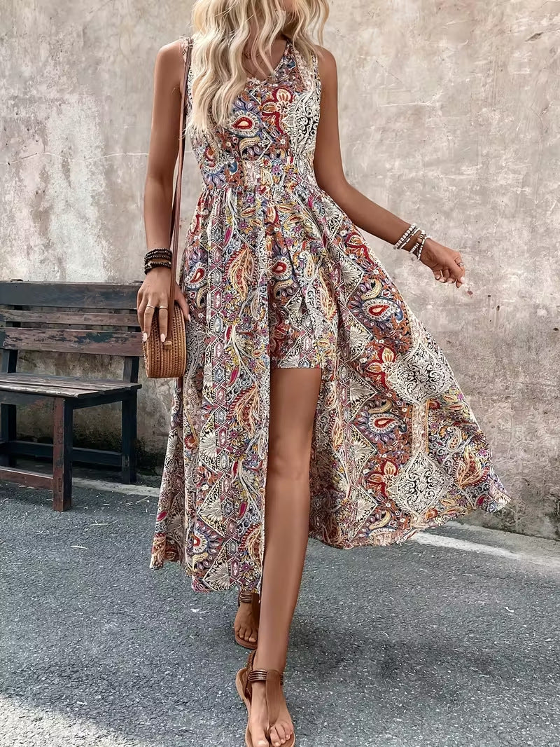 Summer Vacation Casual Chic Fashion Womens Printed V-Neck Sleeveless Jumpsuit