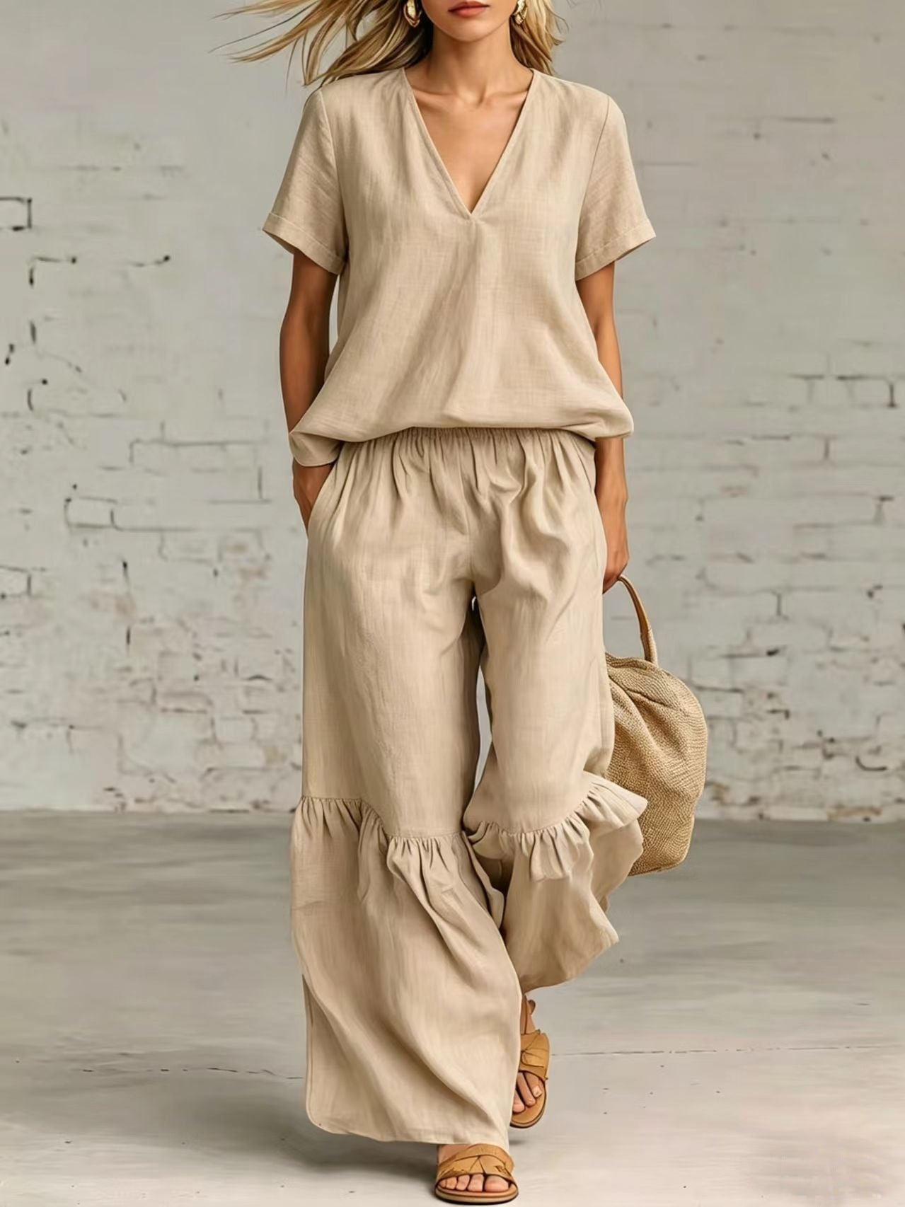 Womens Casual Solid Color V-Neck Loose Short-Sleeve Pants Set