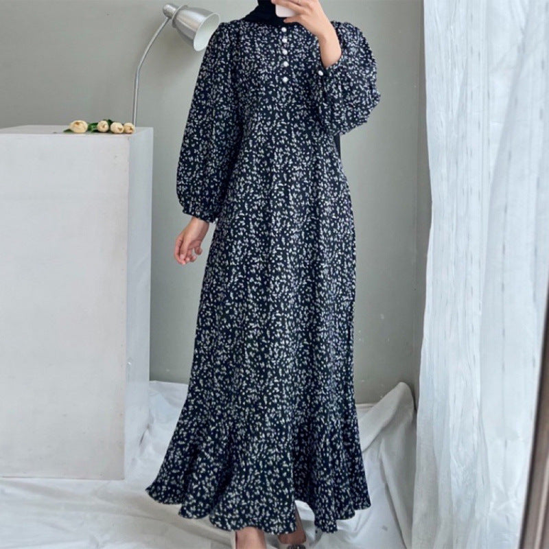Long Sleeved Open Door Tube Loose Printed Button Neck Dress