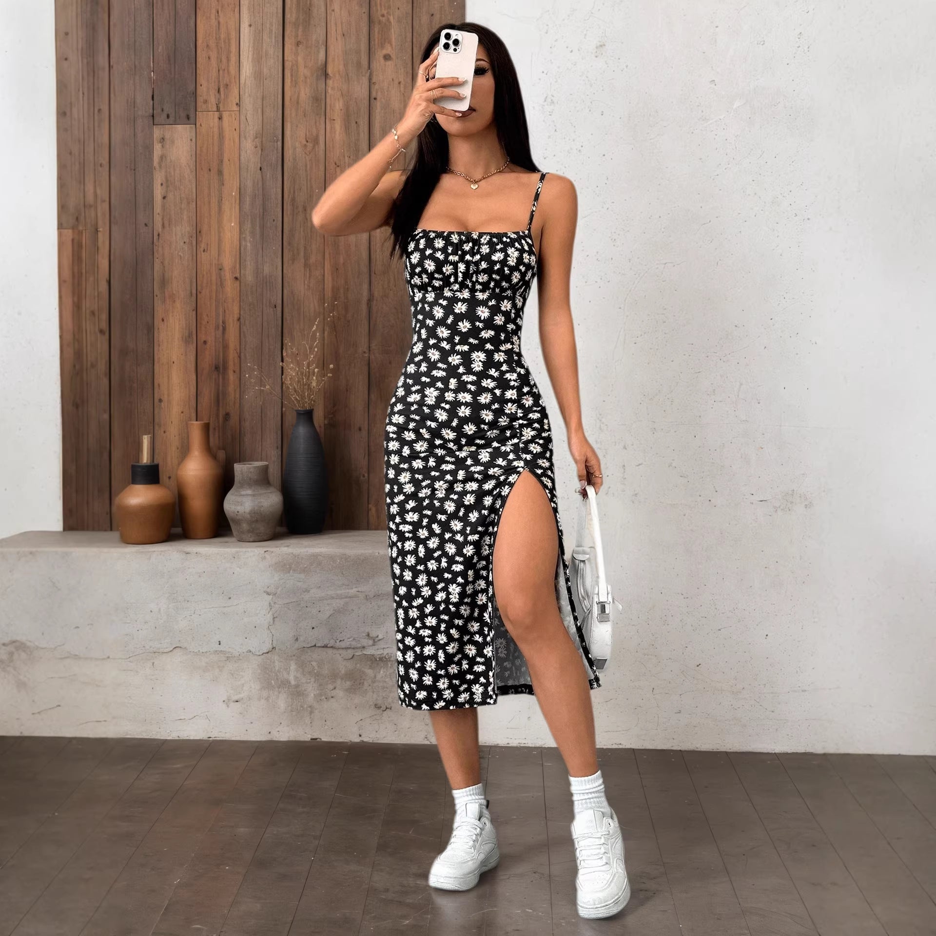 Summer Fashion Printed Strap Pleated Slit Dress Womens Wear