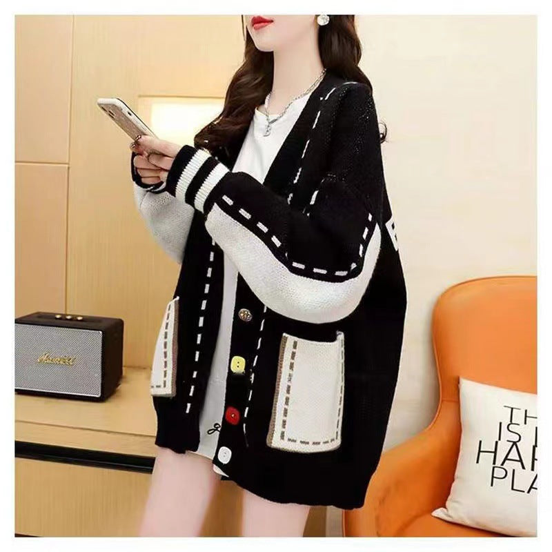 V-neck Contrast-Colored Designer Sweater Womens All-Match Outerwear