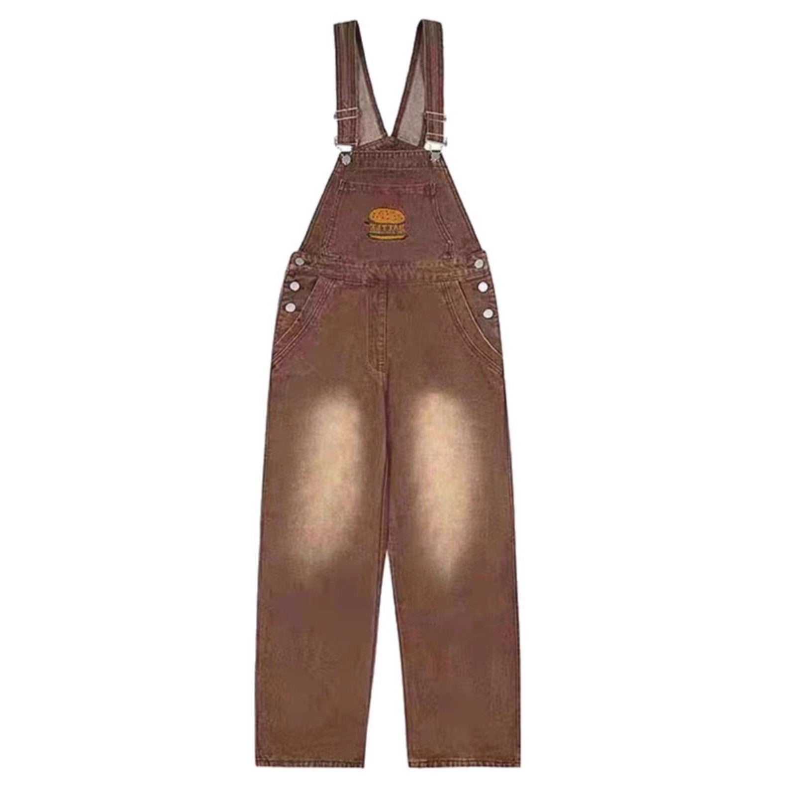 Youthful And Chic American-Style Burger Embroidery Denim Suspender Pants