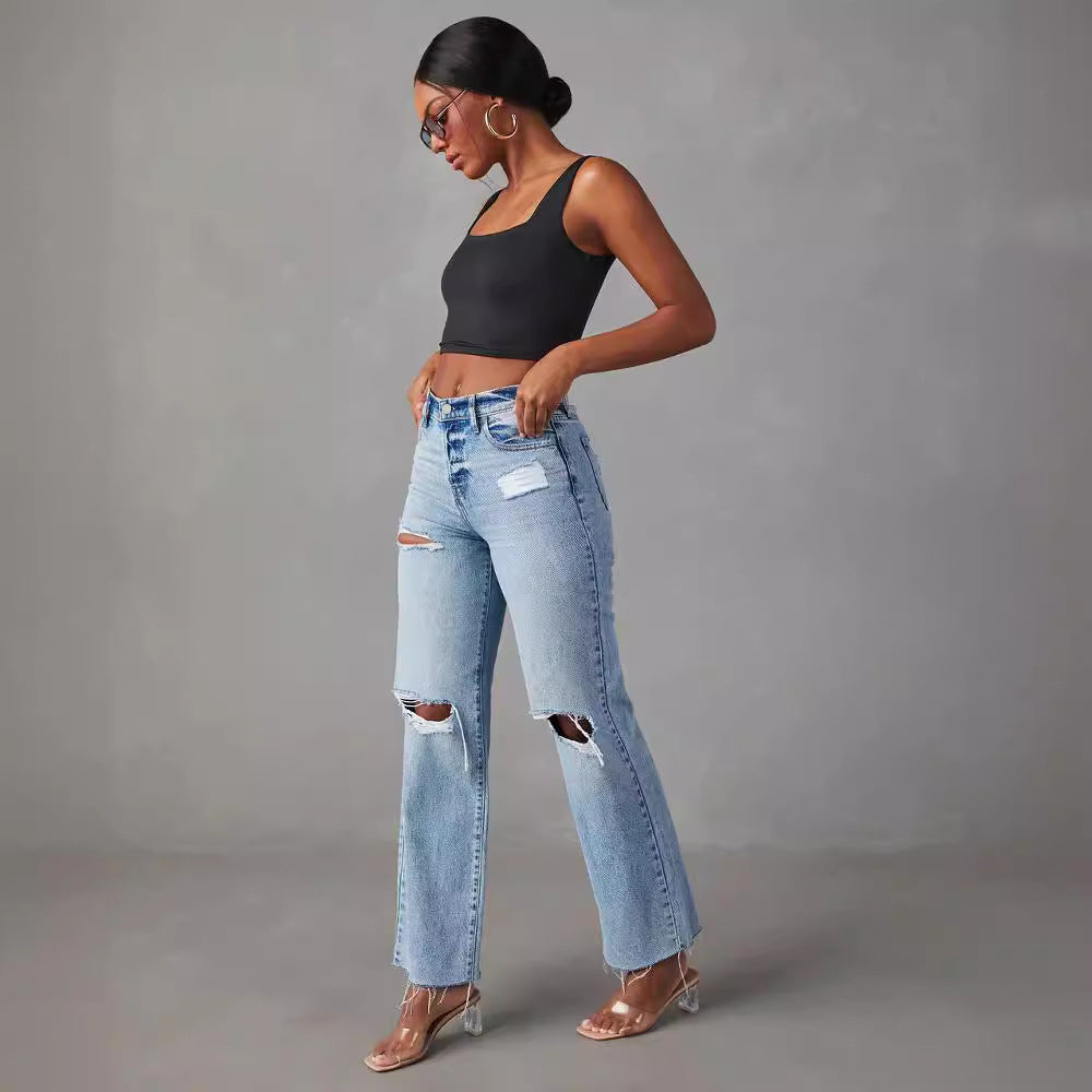 Ripped, Raw-Hem Denim Jeans Casual Washed Womens Straight-Leg Pants