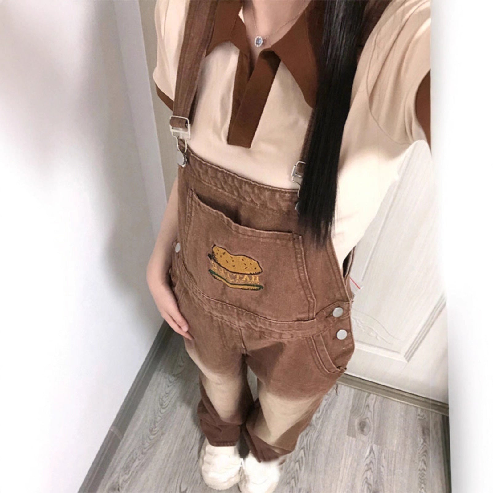 Youthful And Chic American-Style Burger Embroidery Denim Suspender Pants