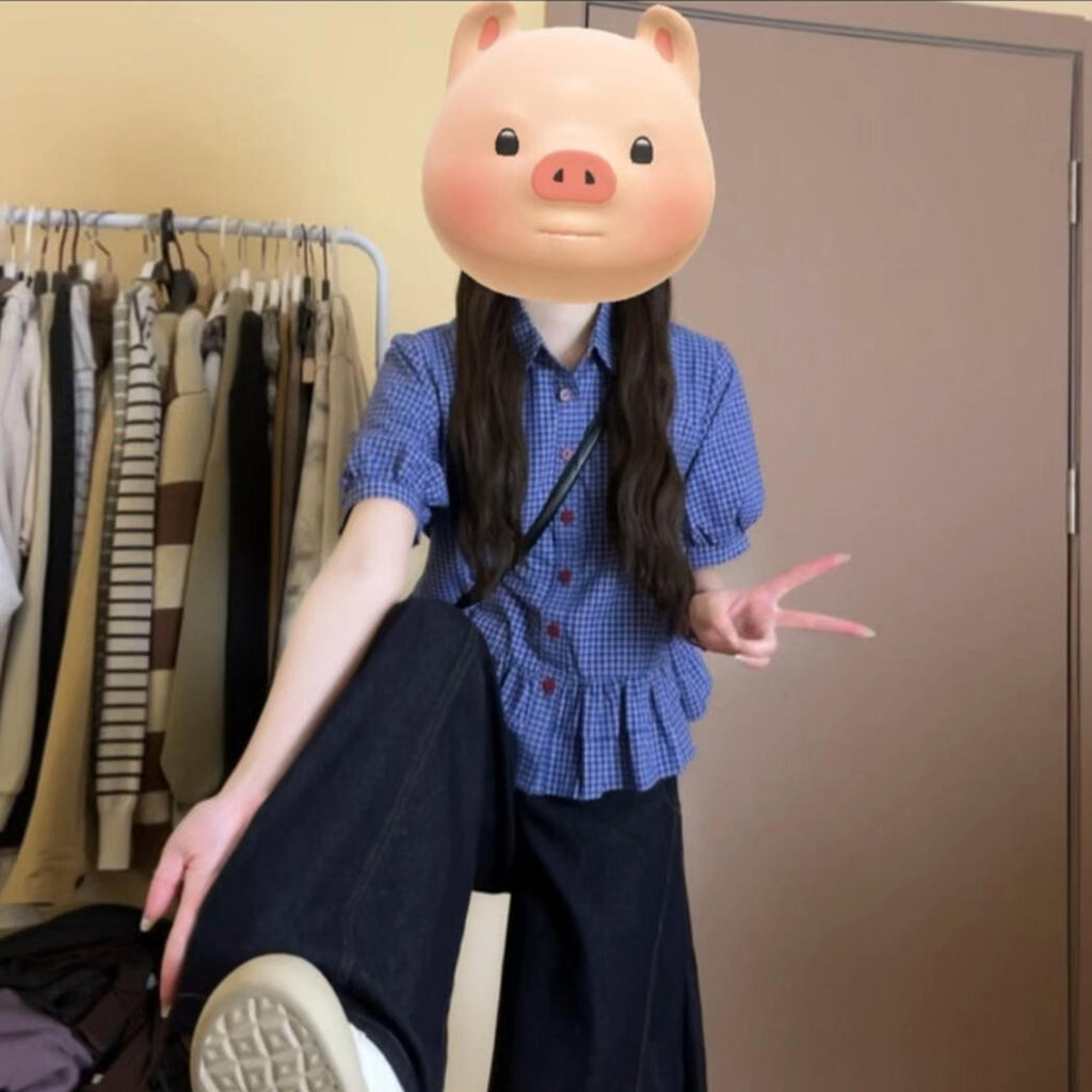 French-style Sweet Ruffle-trimmed Blue Plaid Short-sleeve Shirt