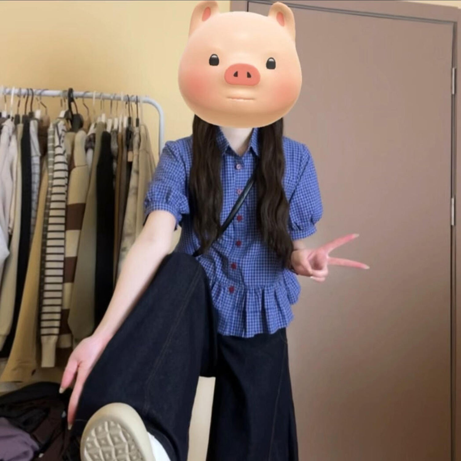 French-style Sweet Ruffle-trimmed Blue Plaid Short-sleeve Shirt