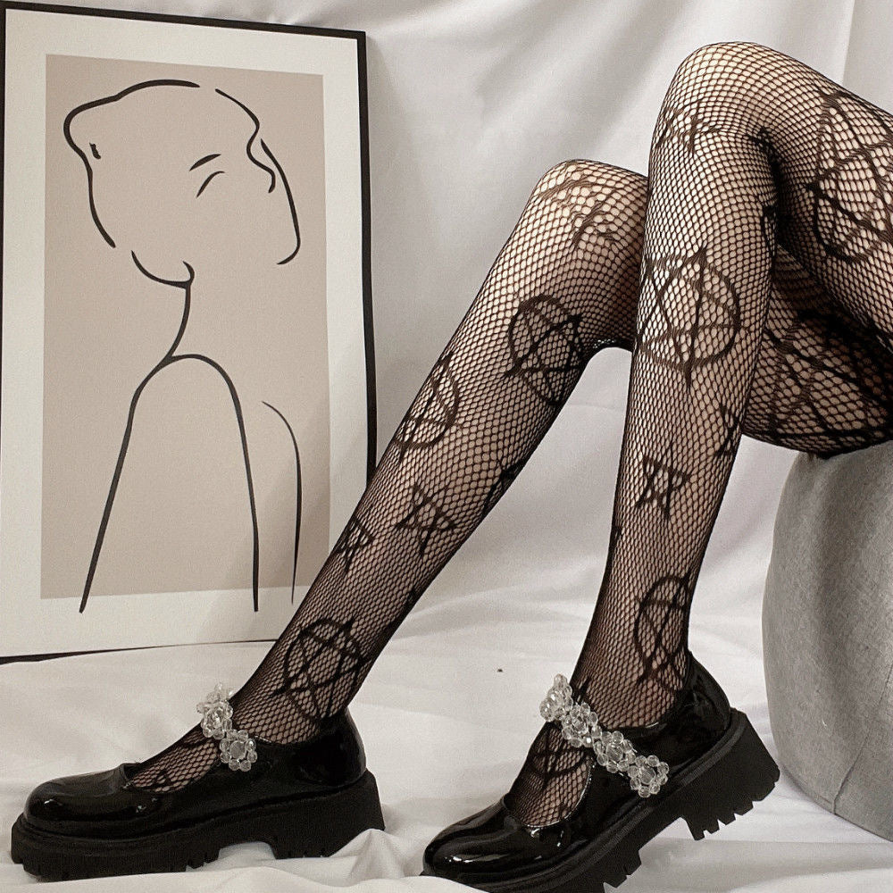 Japanese Style Magic Pentagram Hollow Fishnet Socks, Girl's Pentagram Versatile JK Black Pantyhose For Women, Plus Size