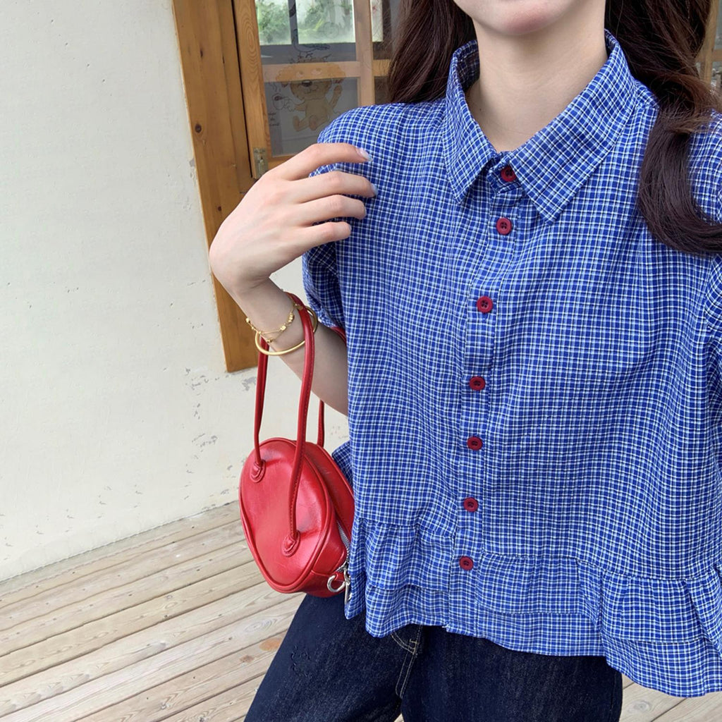 French-style Sweet Ruffle-trimmed Blue Plaid Short-sleeve Shirt