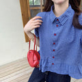 French-style Sweet Ruffle-trimmed Blue Plaid Short-sleeve Shirt