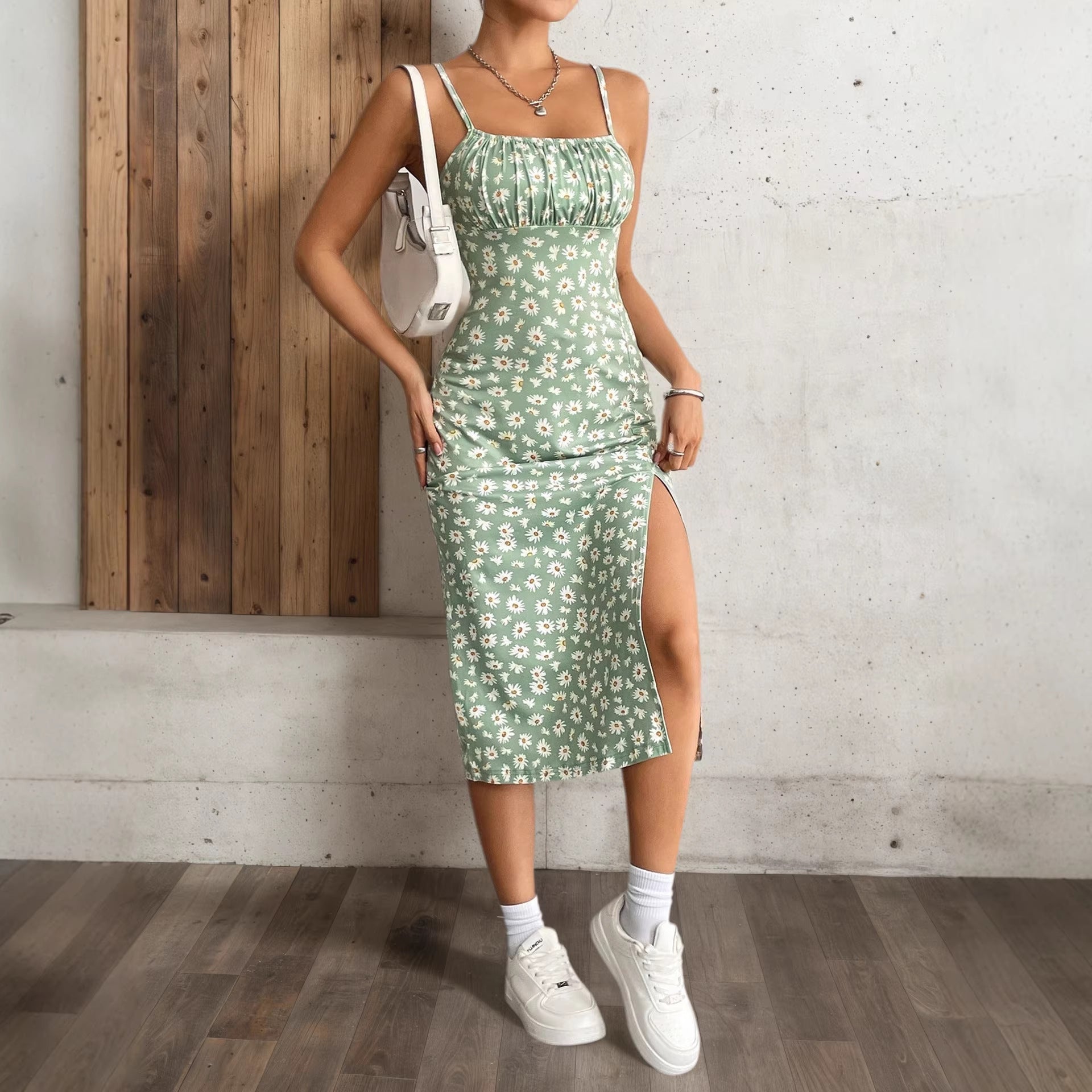 Summer Fashion Printed Strap Pleated Slit Dress Womens Wear
