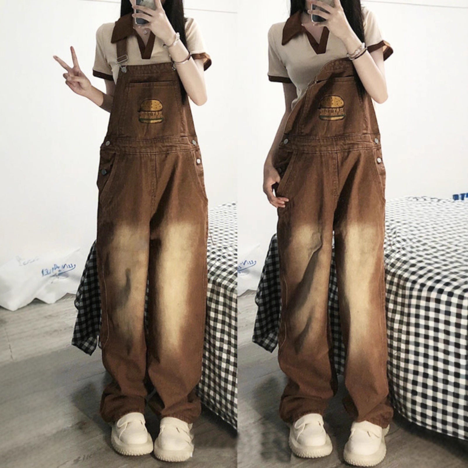 Youthful And Chic American-Style Burger Embroidery Denim Suspender Pants