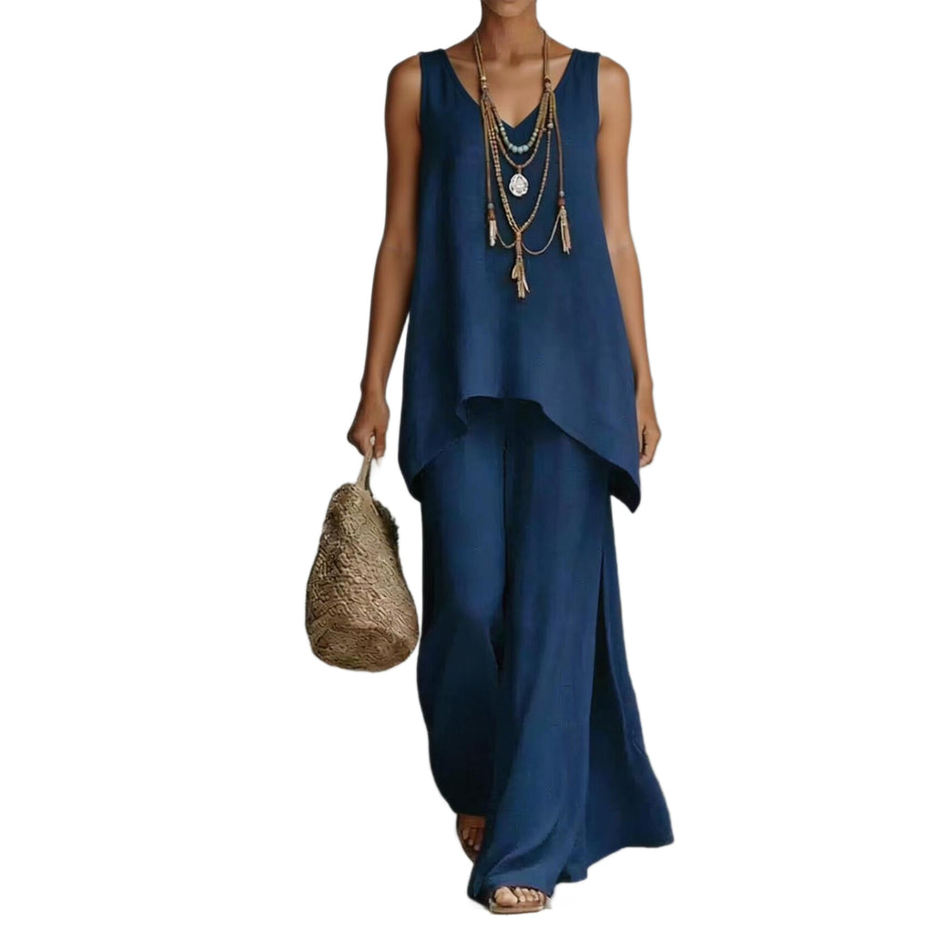 New Casual Bohemian-style Wide-leg Pants And V-neck Vest Set