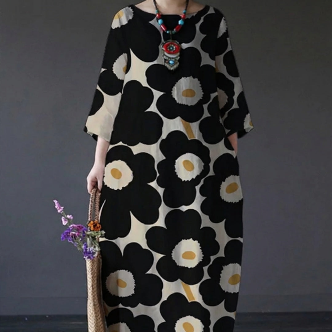 Womens Loose Round-Neck Fashionable High-End Long-Sleeve Printed Dress