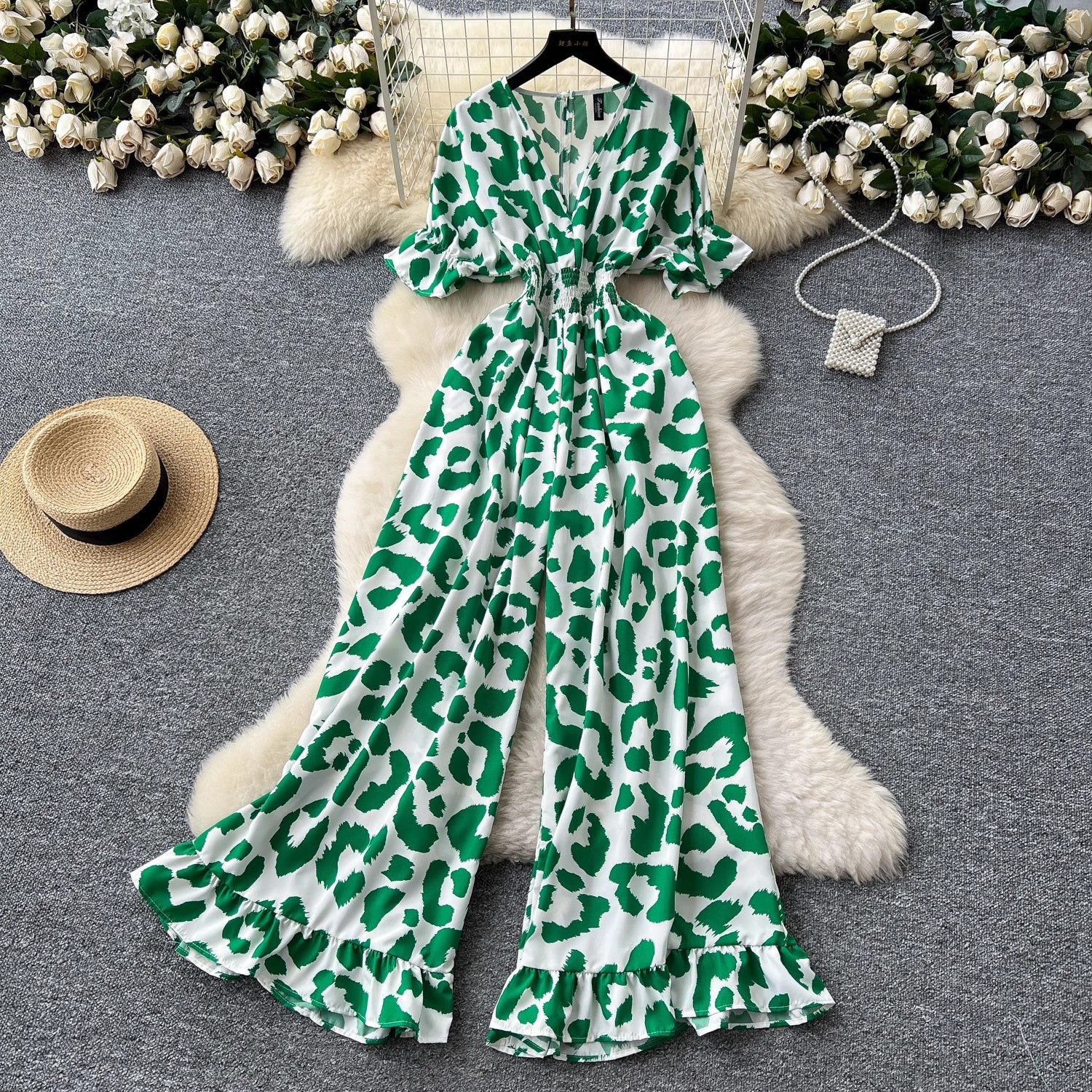 Women's Casual V-Neck Elastic Waist High-Waist Wide-Leg Printed Jumpsuit