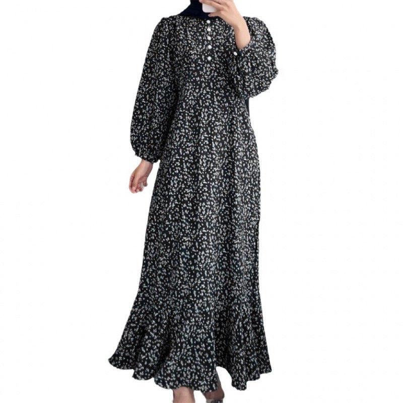 Long Sleeved Open Door Tube Loose Printed Button Neck Dress