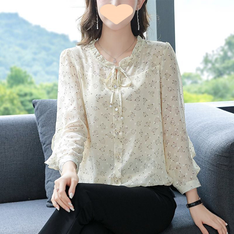 French-style Ruffled Floral Long-sleeve Chiffon Blouse