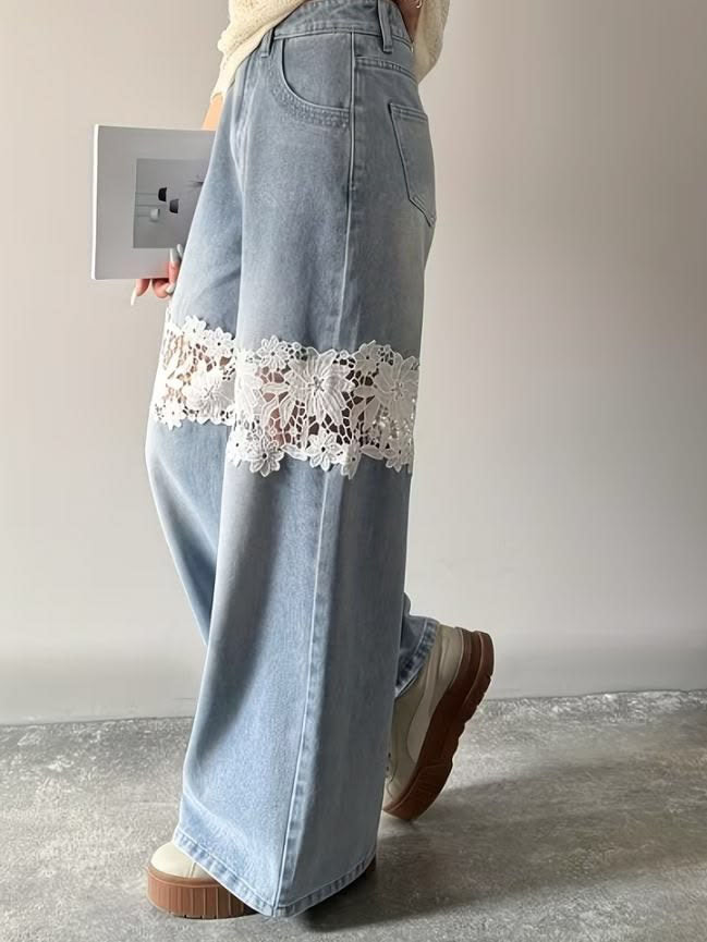 Women's Light Wash Lace Insert Wide Leg Jeans